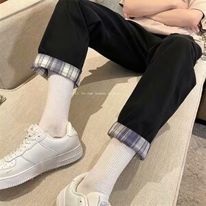 格子翻边休闲裤男宽松潮牌ins九分裤情侣阔腿直筒老爹裤k023-P28，男装休闲裤，星座1008-2