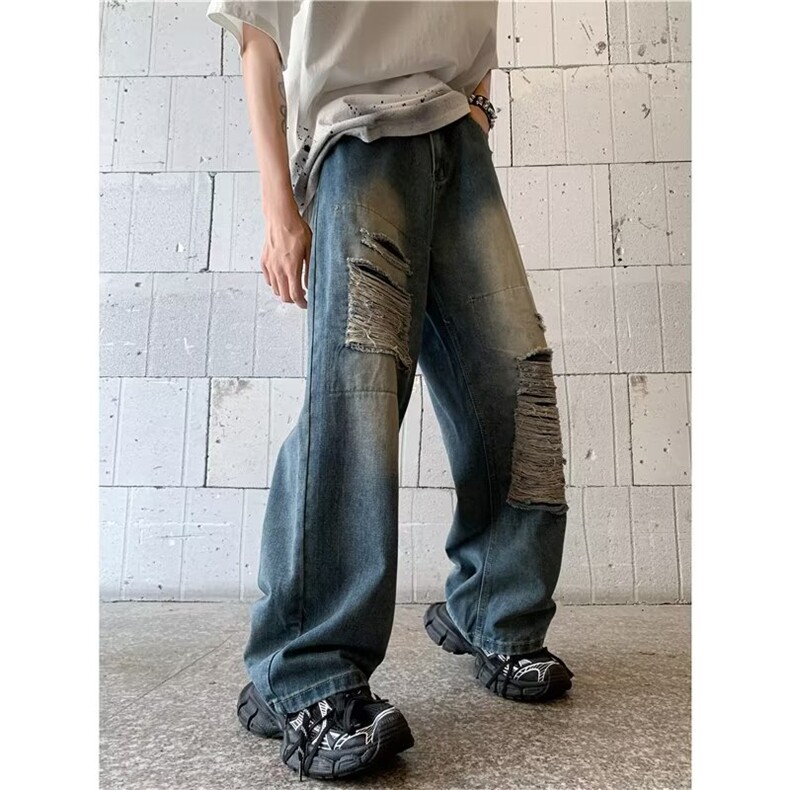 美式复古破洞牛仔裤男女高街潮牌设计感直筒宽松裤子NT1685-p48,男装牛仔裤,星座1008