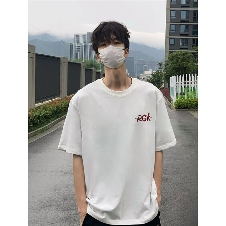 抖音得物 210克现货宽松纯棉美式潮牌印花落肩袖纯棉T恤AT21109图片