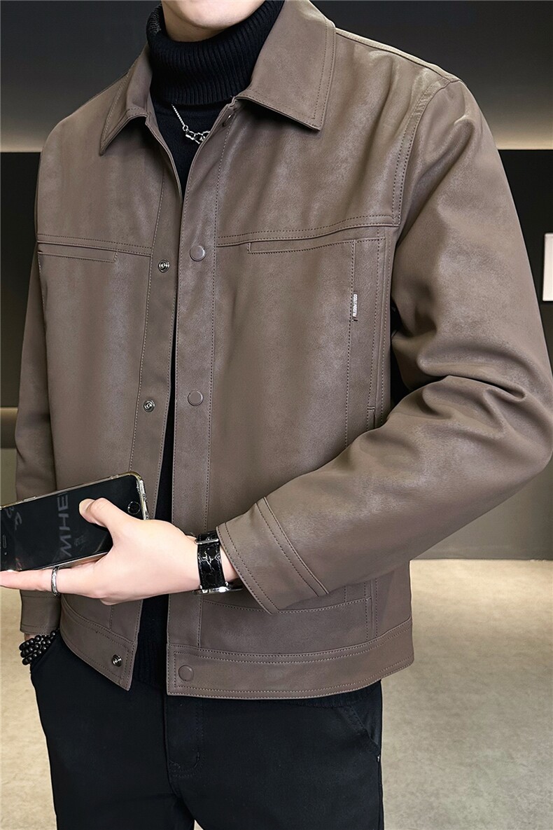 加绒加厚男士外套秋冬季2025新款翻领皮衣皮夹克A313-9958-P145,男装夹克,电商A313