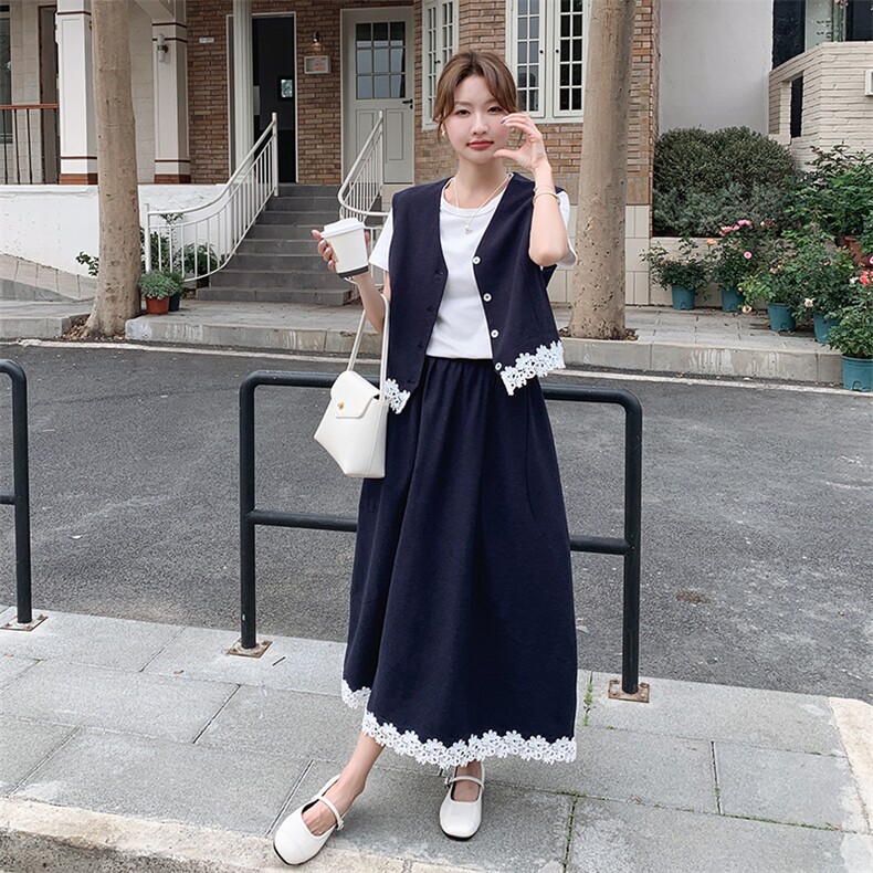 2025新款春季法式复古气质显瘦蕾丝拼接马甲内搭高腰半身裙三件套，女装套装/套裙，浙宝069