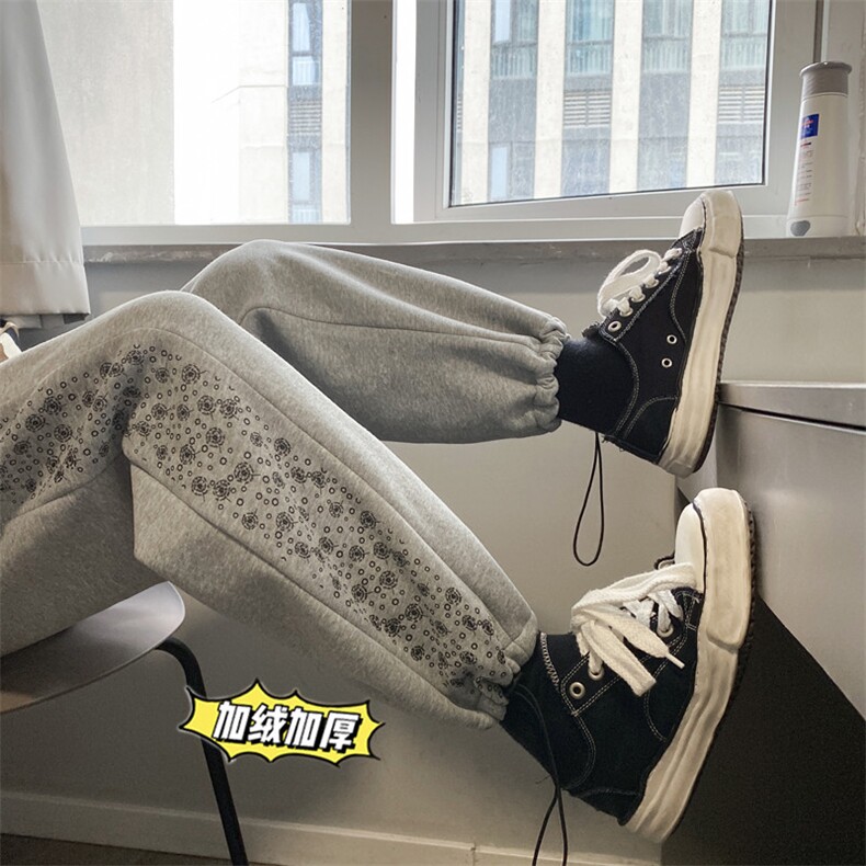 港风加绒加厚侧边印花宽松卫裤男青少年大码休闲裤K2109P50控68，男装休闲裤，电商B315