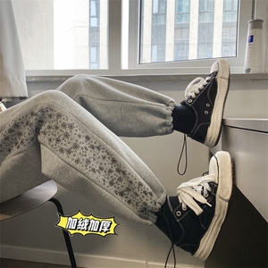 港风加绒加厚侧边印花宽松卫裤男青少年大码休闲裤 K2109 P50控68图片