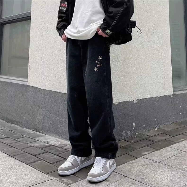 刺绣牛仔裤男宽松直筒裤K8071P44图片