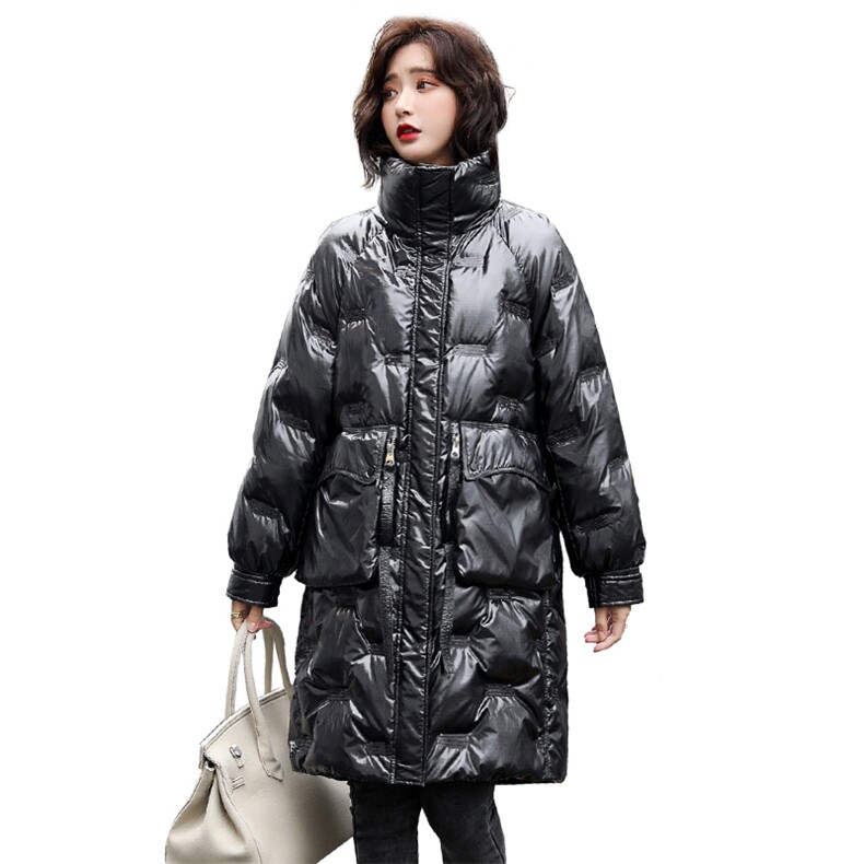 亮皮羽绒服女2020冬季新款韩版时尚亮面炫彩羽绒衣防寒外套中长款,女装羽绒服,素月