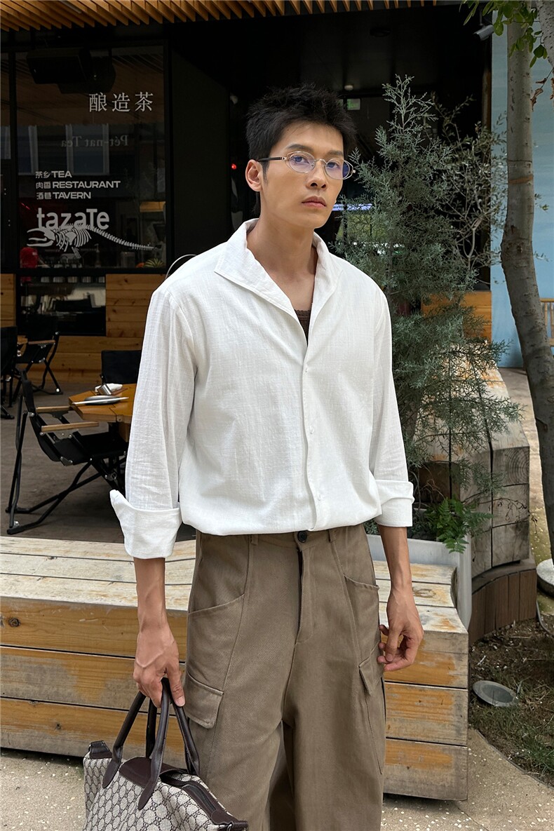 高品质白色V领设计感衬衫男长袖春秋衬衣男士A236-C601-P70,男装衬衫,电商A236