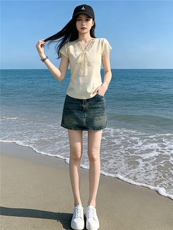 时尚气质套装裙女夏季新款显瘦V领蕾丝拼接针织衫牛仔短裙两件套，女装套装/套裙，江南
