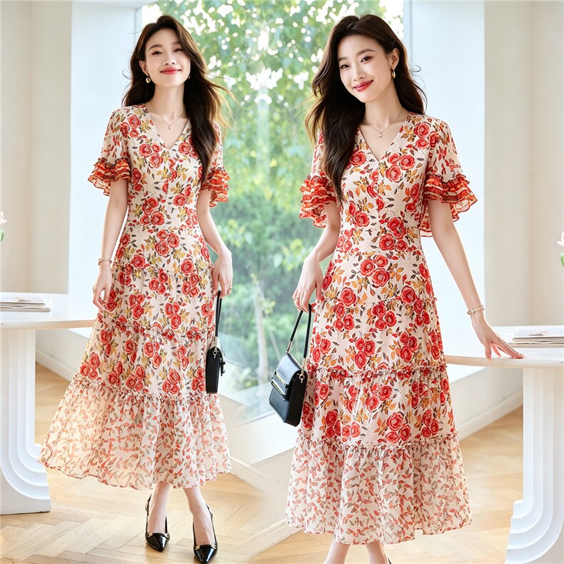 现货秒发2026夏装新款韩版碎花连衣裙大摆裙,女装连衣裙,妙形
