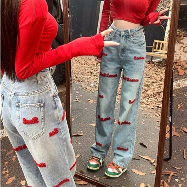 高腰阔腿牛仔裤女2025新款春秋季显瘦红色刺绣浅色小个子直筒裤图片