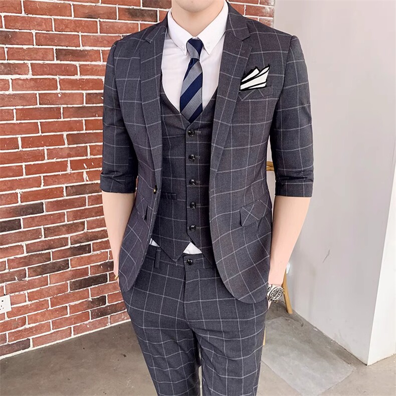 夏季薄款格子男装西服套装三件套礼服中袖款W8016-P255,男装西服,星座1012