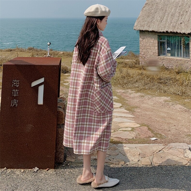 现货，2022新款粉色加厚格子长款毛呢大衣P185-K258,女装连衣裙,浙宝276（原081）