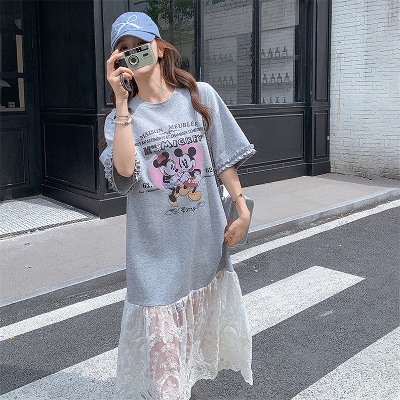 蕾丝拼接灰色T恤连衣裙女夏2025新款休闲气质巨好看长裙今年流行,女装连衣裙,浙宝305