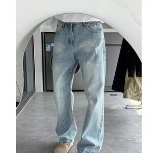 水洗闪电纹微喇牛仔裤磨破洞Cleamfit修身直筒百搭裤L83700-P47图片