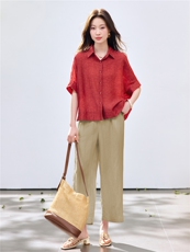 长期现货2026年夏季冰天丝时尚休闲两件套装提花衬衫休闲阔腿裤女，女装套装/套裙，璐依舞