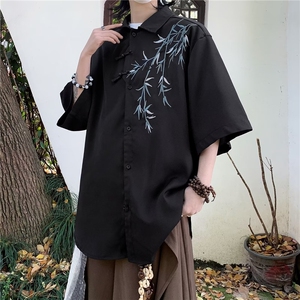 新中式风竹子刺绣短袖衬衫男夏季休闲唐装外套痞帅高级感衬衣服