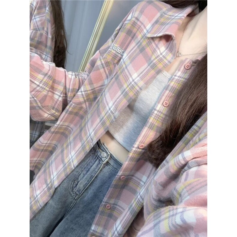 美式复古粉色格子衬衫女设计感小众防晒长袖格纹衬衣外套CA170,男装防晒衣,星座1116A（原606A-3）