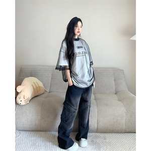网图夏季新款潮假两件网纱圆领短袖T恤男女G1203-P35图片