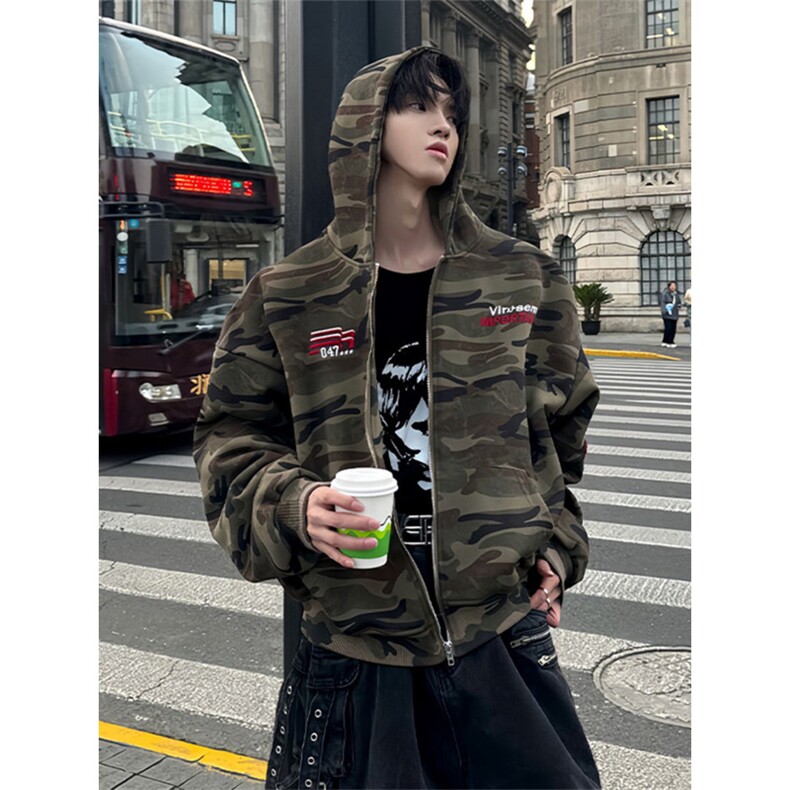 复古美式迷彩开衫卫衣男款春秋季欧美街头hiphop痞帅拉链连帽外套,女装短外套,四季星座505