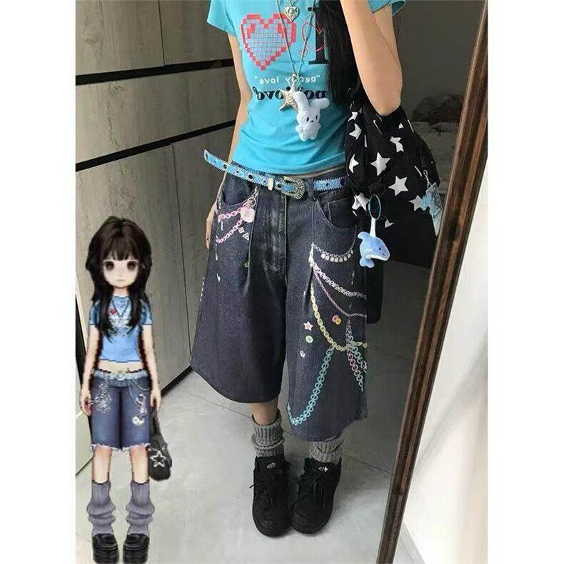 夏季新款港风美式高街3D直喷印花链条七分牛仔裤ZK3911特批50,男装牛仔裤,星座313A(原308A-2)
