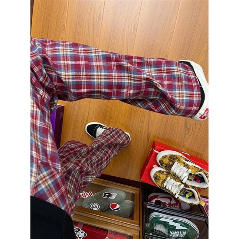 红色格子裤男款褶皱vibe微喇格纹裤子垂感阔腿直筒裤KX48,男装休闲裤,星座1116A（原606A-3）