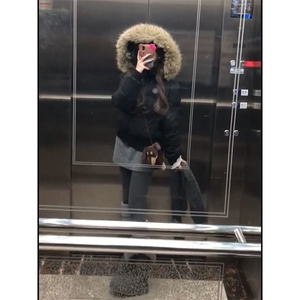 高级感时髦连帽羽绒棉服女冬季慵懒风短款毛领字母印花面包服外套图片