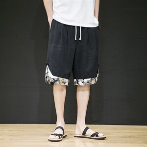 2025春季风新款原创拼接腾云野鹤盘扣休闲短裤灰色DK91-P45，男装牛仔裤，电商B277A（原A068）