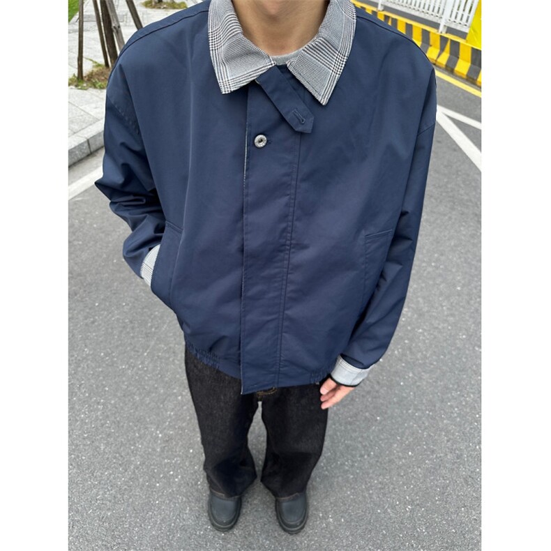 格纹撞色拼接夹克上衣男女春秋宽松休闲情侣痞帅工装外套J6818,男装夹克,星座1116A（原606A-3）