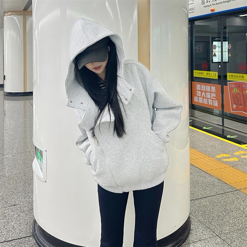抖音得物品质26春装美式重磅结构斜拉链高领连帽卫衣开衫外套W61,女装短外套,电商A486