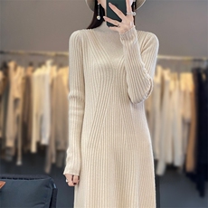 半高领修身抽条设计羊毛连衣裙显瘦百搭长袖针织裙气质女装秋冬季，女装连衣裙，狄美羊绒