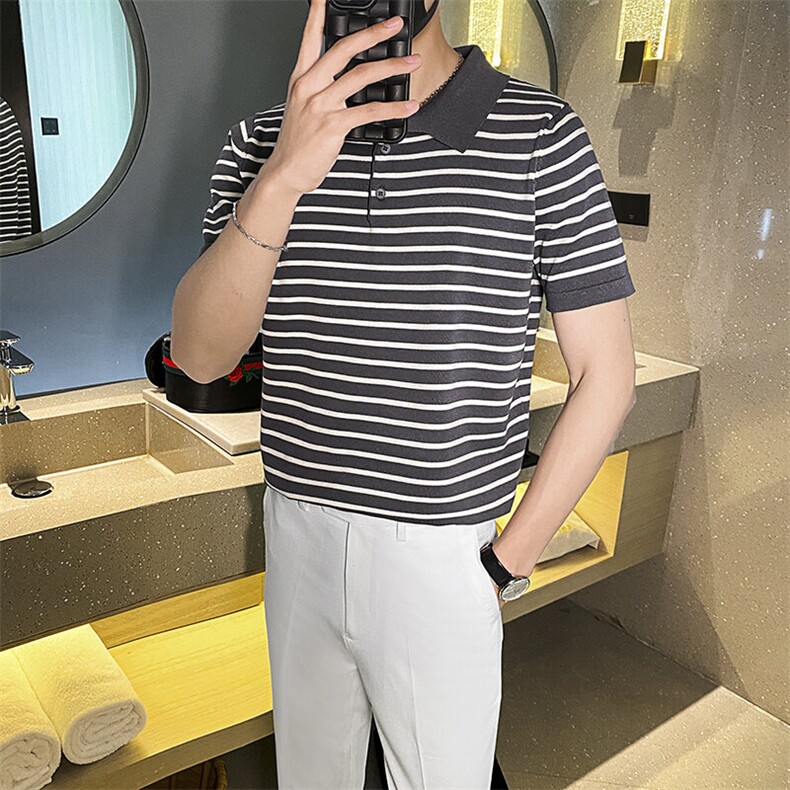 轻熟风复古潮流黑白条纹短袖修身透气休闲上衣夏季男士针织Polo衫图片