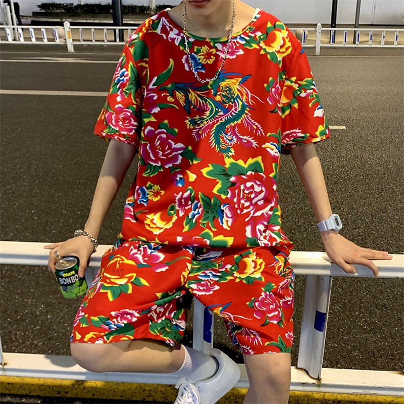 TZ203男女休闲东北大花短袖圆领T恤衫短裤可套装单选团队服风，男装休闲套装，星座115A(原星座507）