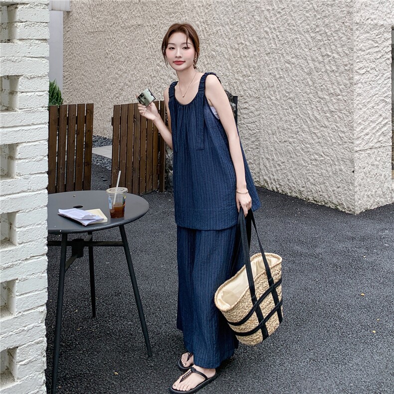 韩系通勤风薄款牛仔无袖上衣套装女2025夏季气质阔腿裤淡人两件套,女装套装/套裙,2C277