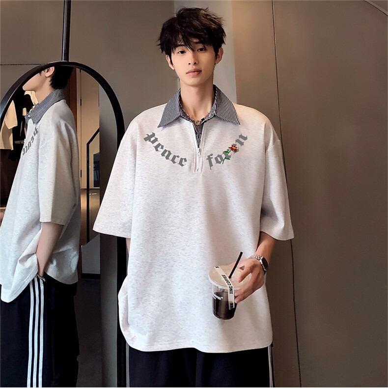 翻领撞色拼接美式复古潮牌半拉链假两件短袖POLO衫T173-P48,男装Polo衫,电商C307