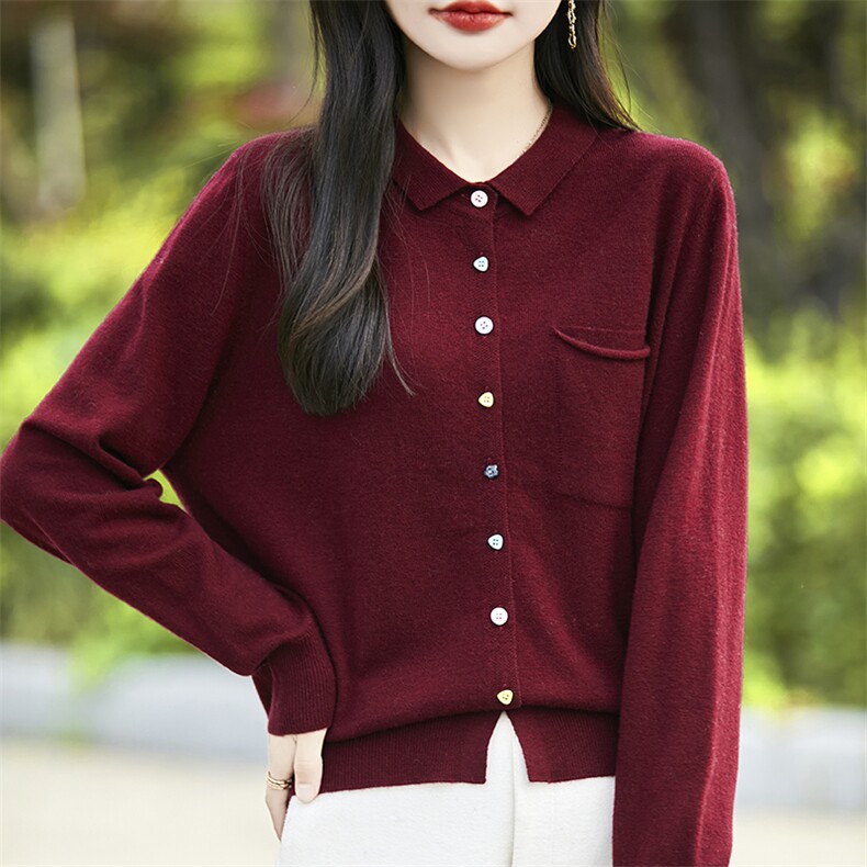 24秋冬100%纯羊毛POLO领针织开衫上衣女气质翻领长袖保暖毛衣外套,女装羊毛衫,暖烁羊绒
