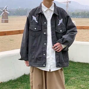 复古做旧刺绣仙鹤牛仔外套男秋bf百搭宽松工装情侣外套 W1086-P50图片