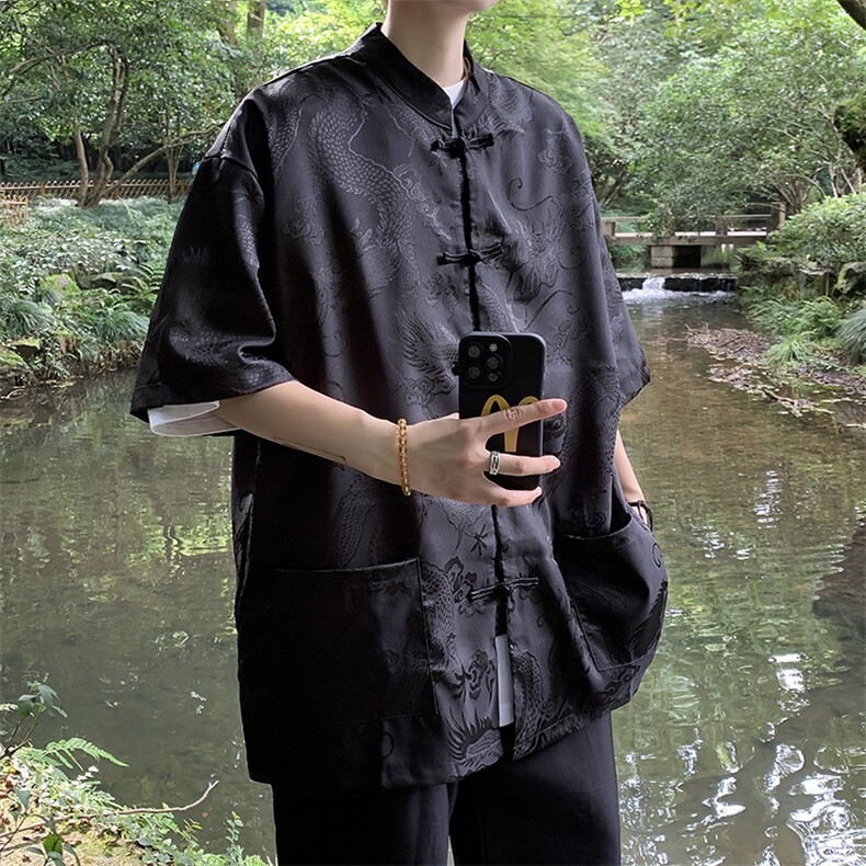 新中式盘扣风唐装短袖衬衫男潮牌夏季宽松休闲衬衣C04521-P40,男装衬衫,星座308B-1