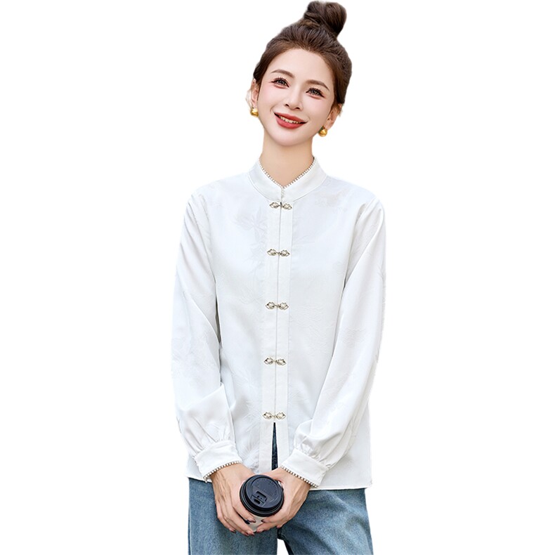 春季新款新中式气质立领钉珠单排扣长袖衬衫女,女装衬衫,秀美人生