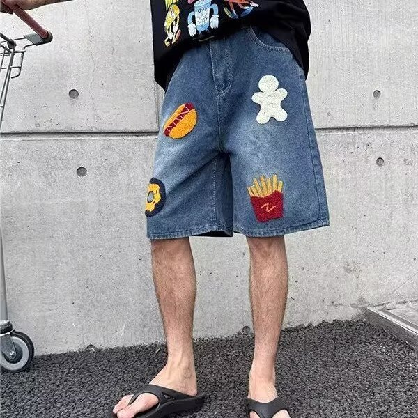 美式复古汉堡薯条毛巾绣牛仔短裤夏季宽松阔腿直筒五分裤XX1631图片