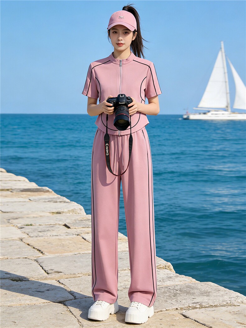 时尚休闲套装女夏新款修身显瘦条纹拼接立领开衫上衣阔腿裤两件套,女装套装/套裙,江南