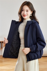藏青色休闲连帽夹棉加厚外套女2025秋冬新款小个子百搭宽松冲锋衣，女装棉衣/棉服，沐七七