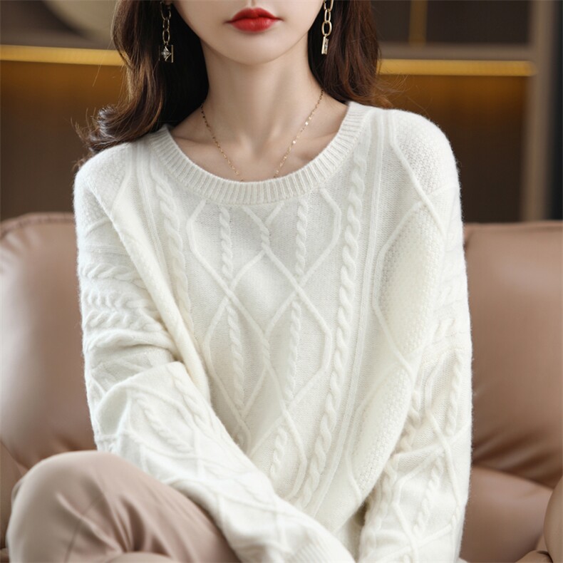 秋冬新款羊毛衫女宽松圆领复古羊绒毛衣内搭针织打底衫短款,女装羊毛衫,美雪羊绒