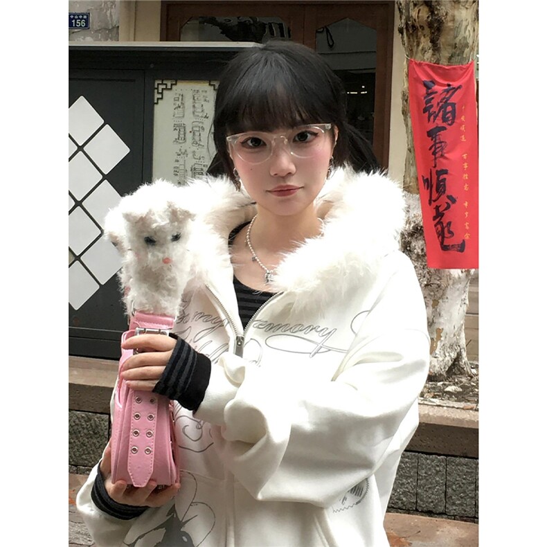 美式复古白色毛领连帽卫衣男女秋冬新款宽松字母印花拉链开衫外套，女装短外套，星座506A