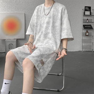 8XL-M青少年扎染短袖t恤休闲运动套装男生夏季宽松大码TZ38001P55