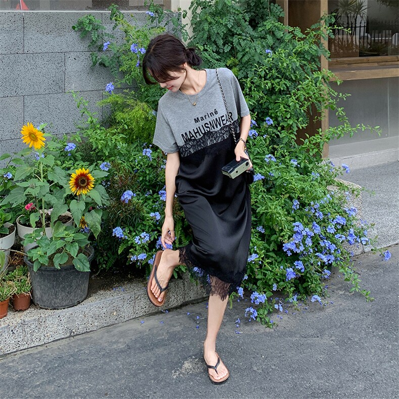 现货高级感懒拥风宽松蕾丝拼接T恤连衣裙2951P110K168,女装连衣裙,2C029
