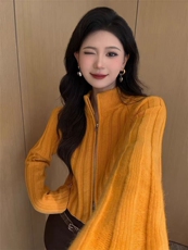2025舒适百搭简约拉链坑条开衫，女装针织衫/毛衣，米咔羊绒