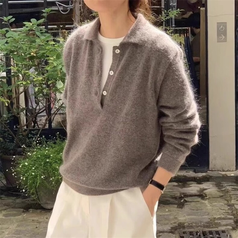 半开POLO领100%纯羊毛衫女纯色纽扣针织毛衣宽松慵懒风羊绒衫打底，女装针织衫/毛衣，胜智羊绒