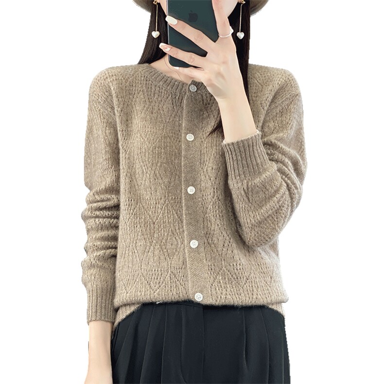 羊毛开衫女2023秋季新款圆领宽松上衣外搭衫针织衫外套,女装羊毛衫,端硕羊绒