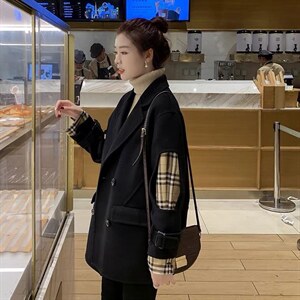 2021秋季新款韩版时尚潮流袖拼接格四粒扣双口袋百分百羊毛图片