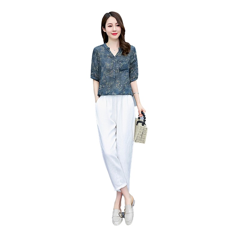 现货2024年夏季新款时尚气质优雅宽松减龄苎麻棉套装两件套,女装套装/套裙,依如秀(原杭风阁)