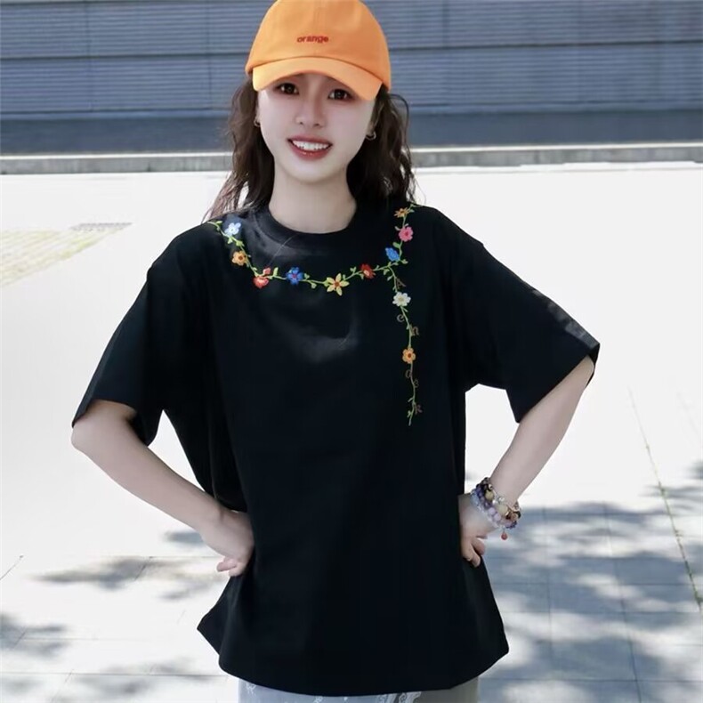 ICHMDOE美式花卉项链刺绣短袖T恤女夏季新款高街宽松半袖上衣t,男装T恤,四季星座505